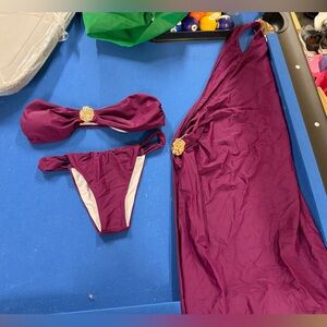 Plum 3 piece bikini set with cover up dress